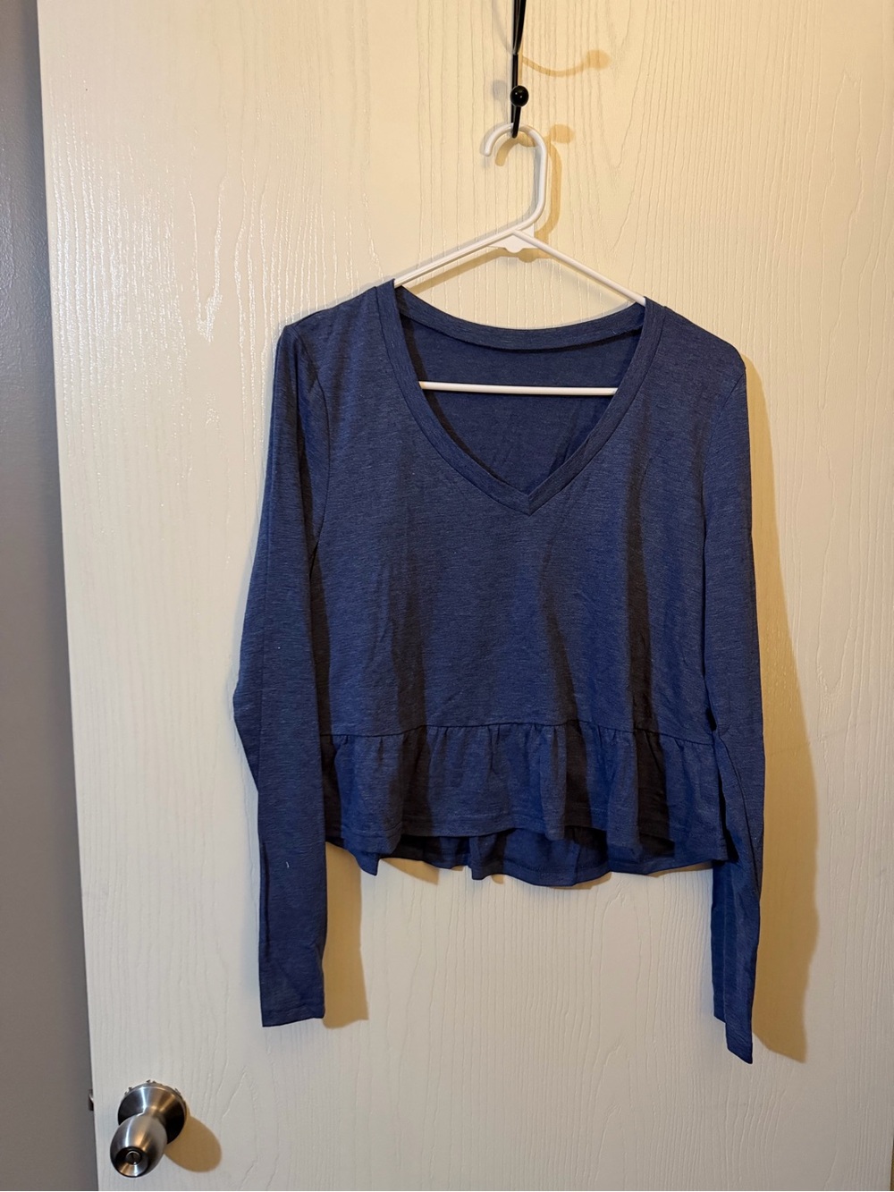Women's Blue V-Neck Peplum Long-Sleeve Babydoll Top Size XS